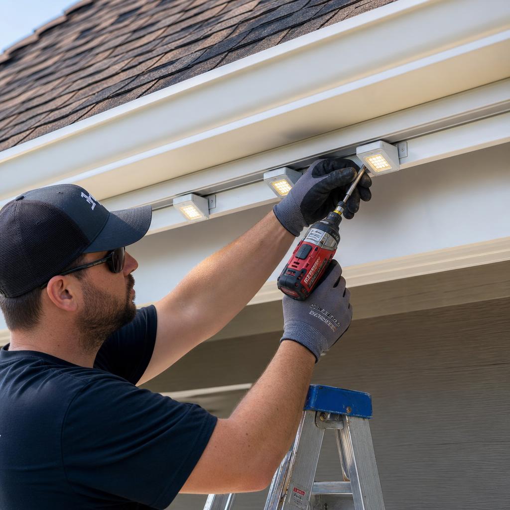 Installer mounting Govee permanent lighting fixtures along a roofline