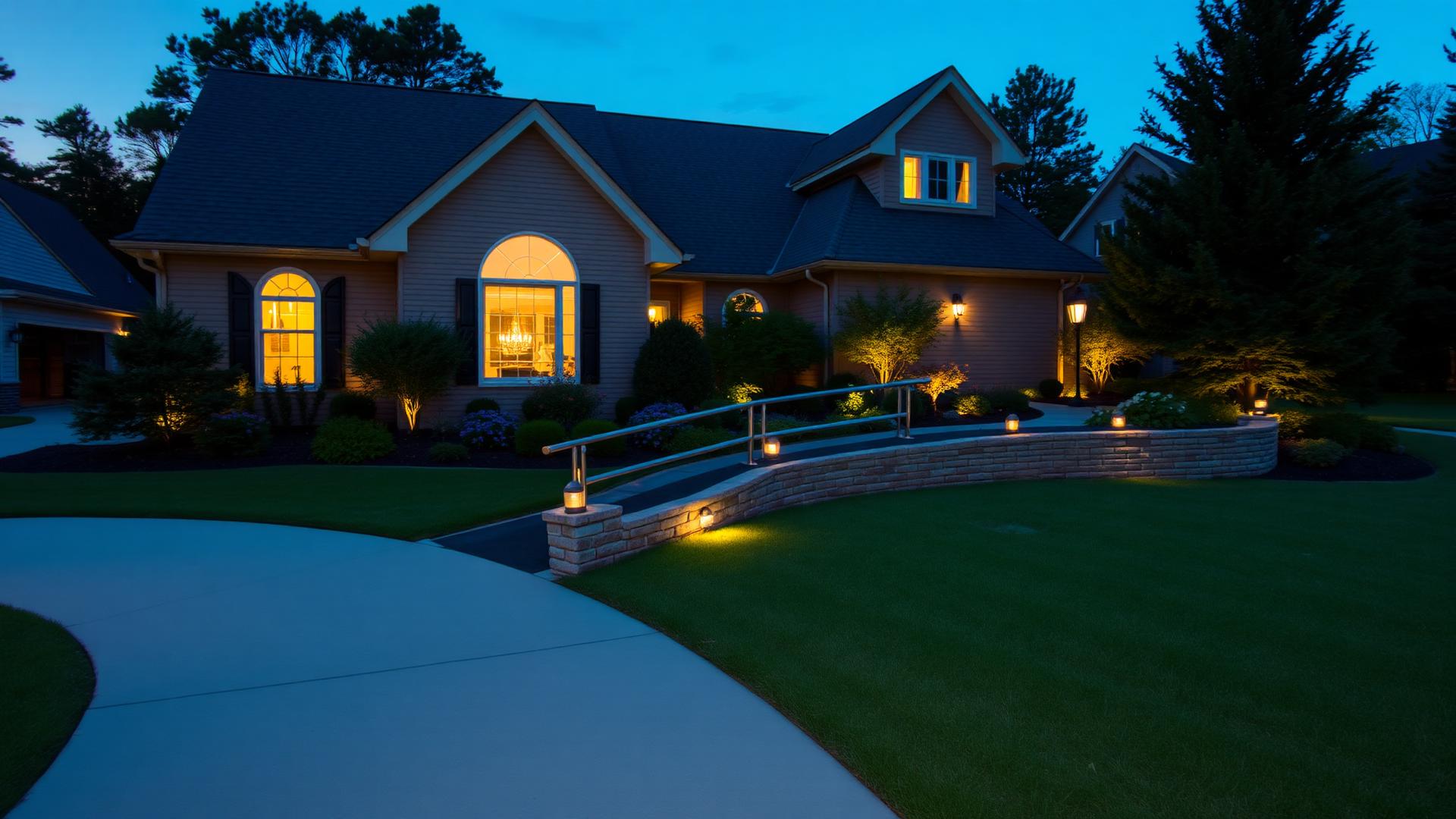 Softly lit home at dusk with an accessible ramped walkway and landscape lighting