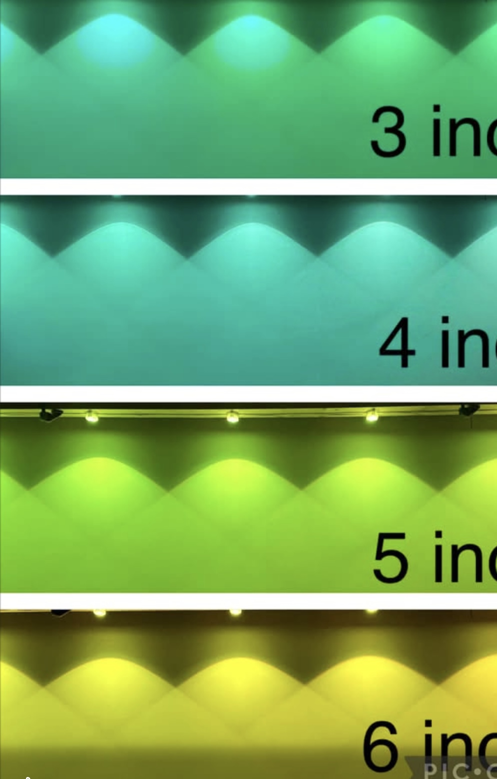 Puck string lights mounted at 3, 4, 5, and 6 inches from the house showing how reflection and shadow change with standoff distance