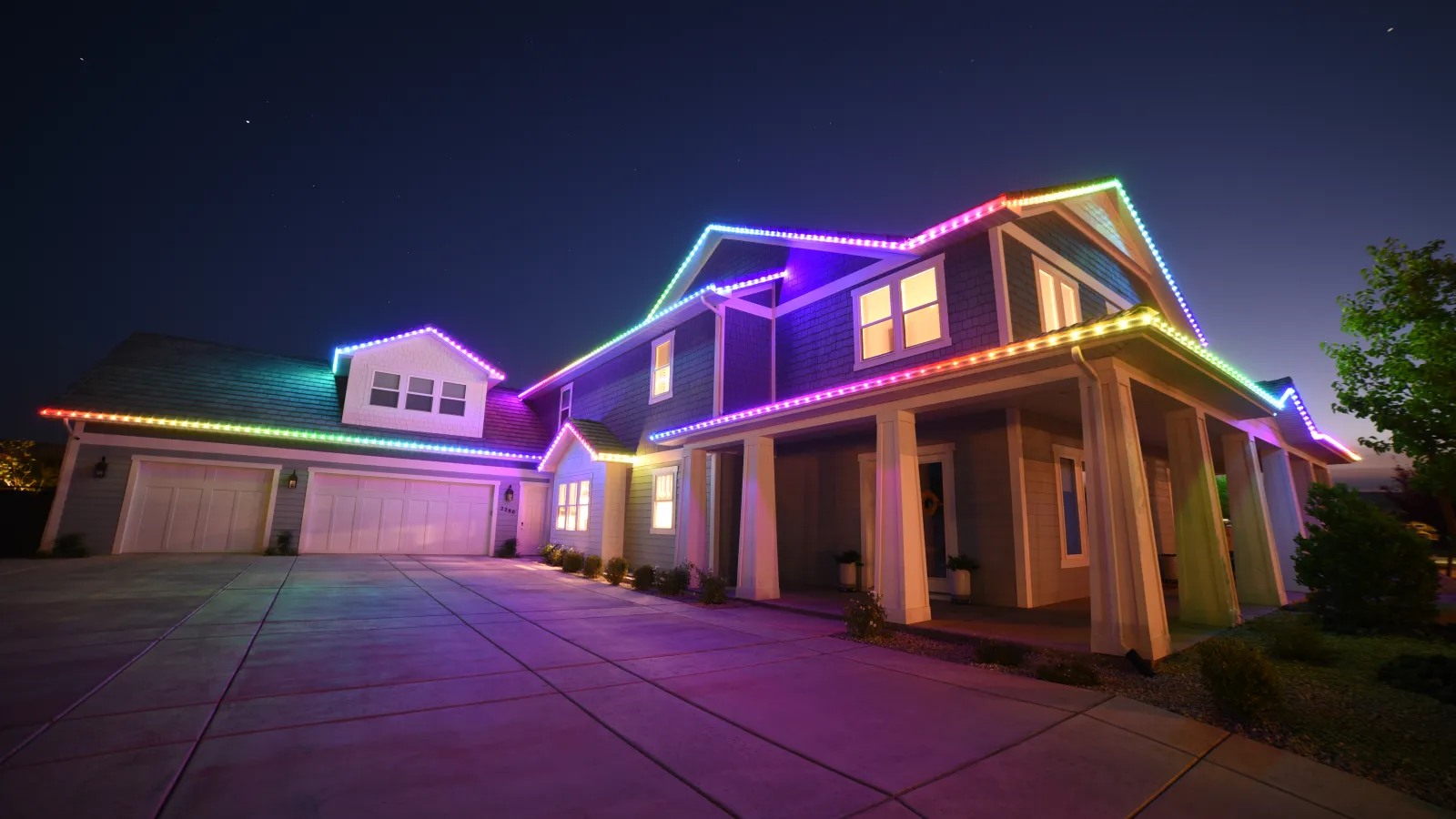 Map-style view of a home exterior lit at night representing the Hamilton Home Accents service area
