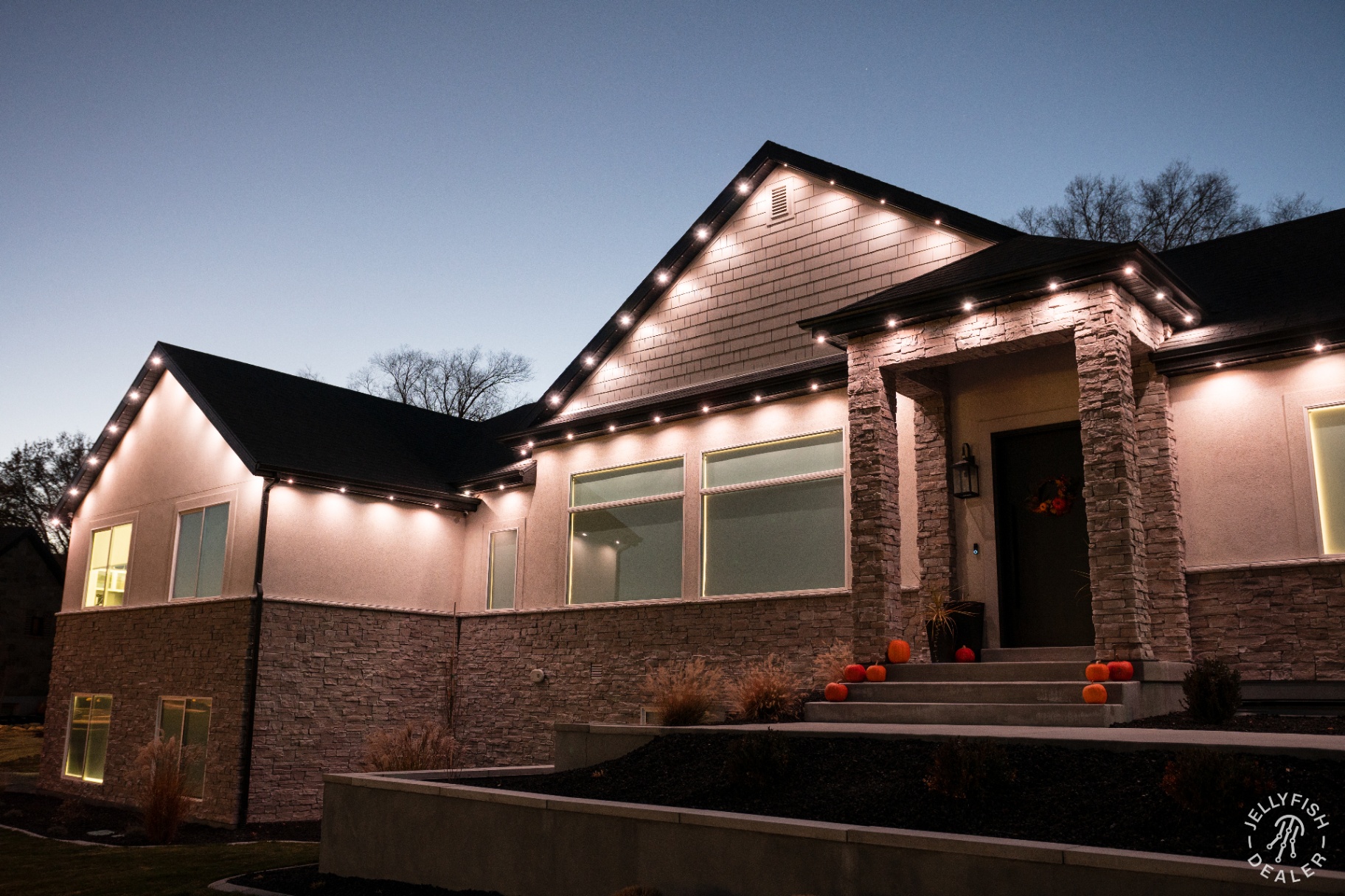 Home with professionally installed warm white holiday lights along the roofline and around bushes